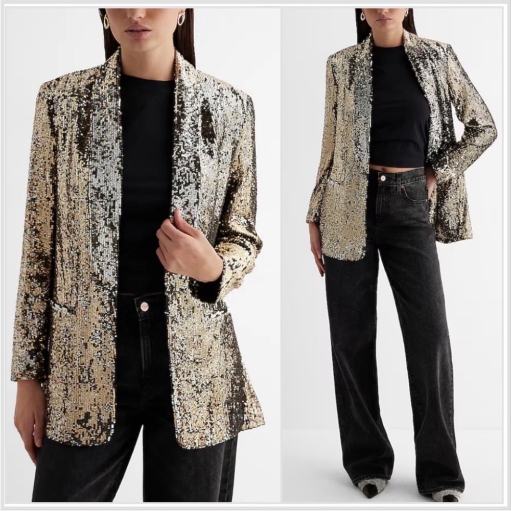 NWT 💛 Express Gold Sequin open front Boyfriend blazer. XS